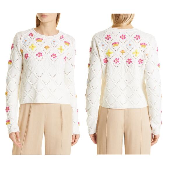 NEW La Ligne Floral Embroidered Crop Sweater Merino Wool White Size XL - Picture 1 of 8